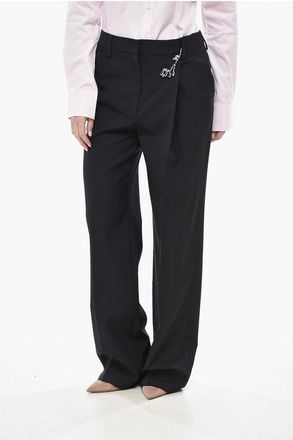 Prada Asymmetric 1-Pleat Trousers with Jeweled Brooch size 40