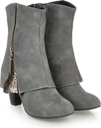 Generic Womens Faux Leather Chunky Heel Ankle Boots with Side Zipper Comfortable Walking Short Shoes,Gray,5.5 UK