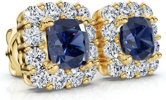 Pompeii3 1 1/2Ct Blue Sapphire & Diamond Cushion Halo Studs 14k Gold Earrings Lab Grown