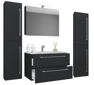 ebuy24 Ebuy24 - Vcm 5pcs Lavabo Lavabo Gabinete Inferior Ancho 80 Cm Muebles De Ba&ntilde;o Con Cajones Puertas Giratorias Armario De Espejo Badinos (negro)