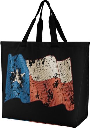 Generic Vintage Texas Flag Reusable Shopping Bags One Shoulder Grocery Tote Bag Waterproof Big Purse for Work Travel