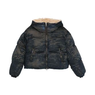 Diesel Winter Jackets, female, Blue, S, Camouflage Hooded Jacket with Faux Fur