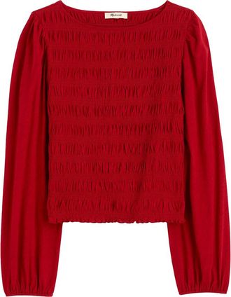 Madewell Smocked Boat Neck Long Sleeve Cotton Top in Ruby at Nordstrom, Size Xx-Small