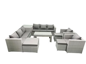 Fimous Outdoor Garden Furniture Rattan Sofa Set with 2 Armchairs Oblong Coffee Table 3 Footstools Side Table Light Grey Mixed