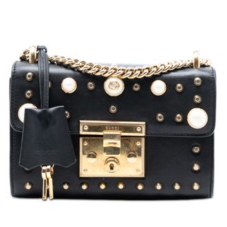 Gucci Pre-owned Womens Small Pearl Studded Leather Padlock Crossbody - Black - One Size