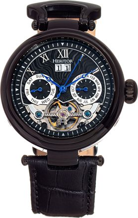 Heritor Ganzi Semi-Skeleton Leather-Band Watch