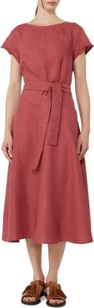 Max Mara Esordio Belted Linen Canvas A-Line Midi Dress in Cherry at Nordstrom, Size 16