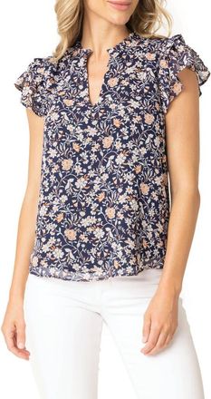 Gibsonlook Print Flutter Sleeve Top in Indigo Coral Floral at Nordstrom, Size Medium