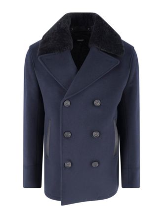 Mackage Navy Cole Double-Breasted Shearling Collar Wool Coat
