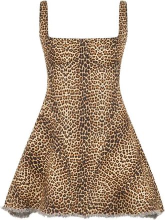 Roberto Cavalli Kleedjes, Dames, Bruin, S, Jurk met luipaardprint en rafels