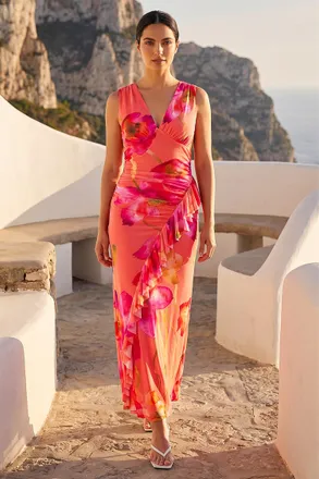 DUSK Womens Floral Frill Maxi Dress - Orange - Size 16 UK