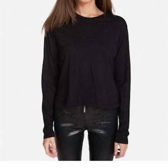 Michael Lauren Banji Cropped Boxy Long Sleeve Tee Top In Black
