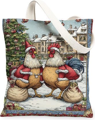 Generic Christmas Chicken Canvas Tote Bags, Festive Poultry Pattern Reusable Bags, Winter Lightweight Washable Shoulder Strap, Multicolor, 13x15 Inch
