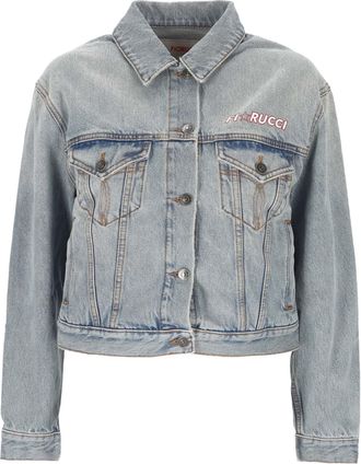 Fiorucci Cropped Denim Jacket with Iconic Logo and Flap Pockets