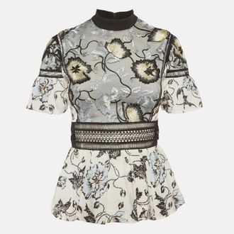 Self Portrait Multicolor Crepe Floral Embroidered Ruffle Top