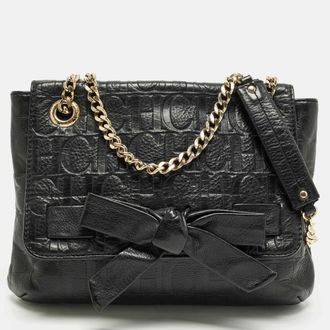 Carolina Herrera Audrey Bow Flap Black Monogram Embossed Leather Shoulder Bag