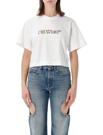 Off-white White Round Neck Logo Print Cropped T-Shirt