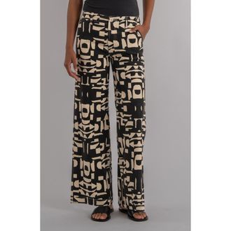 Kut from the Kloth Meg Print High Waist Wide Leg Pants in Black/Cream at Nordstrom, Size 12