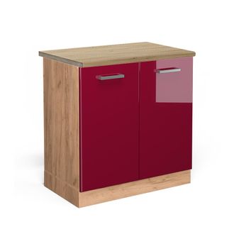 Vicco Armario Bajo Para Fregadero R-line, Rojo Burdeos Alto Brillo, 80 Cm, Et Roble, Vicco