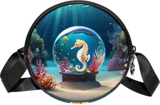 Generic Circle Crossbody Bag for Women, Seahorse Crystal Ball Small Sling Bag Daypack with Zipper Adjustable Shoulder Straps Casual Ladies Girls Round Purse