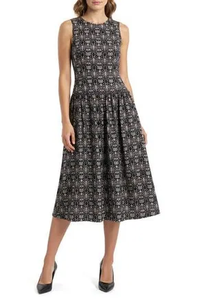 Mila Mae Paisley Cotton Fit & Flare Midi Dress in Black Floral at Nordstrom Rack, Size Large
