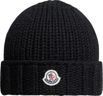 Moncler Ribbed Wool Beanie - unisex - Hoeden - Zwart - M - Wol - Accessoires