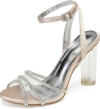 Generic Wedding Bridal Heels Womens Heels Ankle Strap Chunky Heel Dress Sandals Open Toe Bridal Satin Prom Party Dress Pumps 10.5Cm,Champagne,5 UK