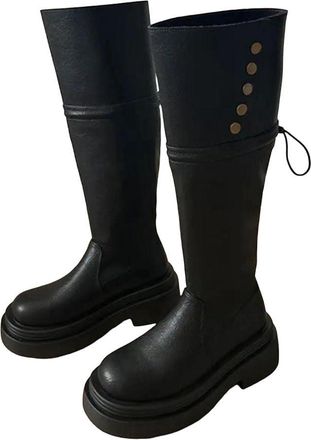 Generic Womens Knee High Boots Pleated Belt Buckle Chunky Heel Casual Long Boots