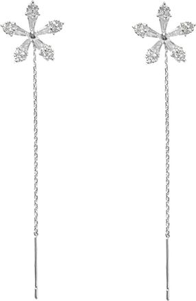 Generic Silver Shiny Long Tassels Flower Earrings Rhinestone Ear Clip Thin Dangle Elegant Wedding For Women Hoop (Silver, One Size)