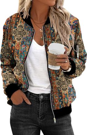 Zeagoo Womens Bomber Jacket Casual Coat Zip Up Outerwear Windbreaker with Pockets S-XXL, Multicolor, L
