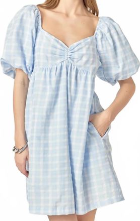 English Factory Gingham Linen Sweetheart Baby Doll Dress In Blue