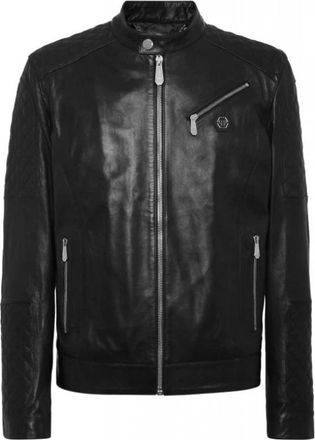 Philipp Plein Gewatteerde Leren Moto Bomber - Heren - Leren en Su&egrave;de Jassen - Zwart - L - Leer - Jassen