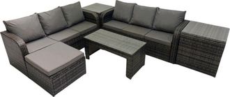 Fimous Fimous Rattan Garden Outdoor Furniture Set 3 Seater Sofa Coffee Table with Big Footstool 2 Side Tables Dark Grey Mixed