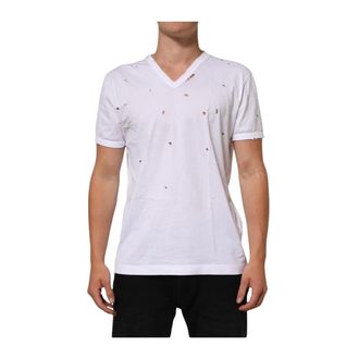 Dolce & Gabbana T-Shirts, male, White, Size: M Distressed Cotton V Neck T-Shirt