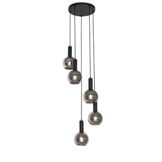 QAZQA Qazqa Art D&eacute;co L&aacute;mpara Colgante Art Deco Negra Con Cristal Ahumado Redonda 5 Luces - Josje Vidrio /acero Redonda Adecuado Para Led Max. 5 X 25 Watt