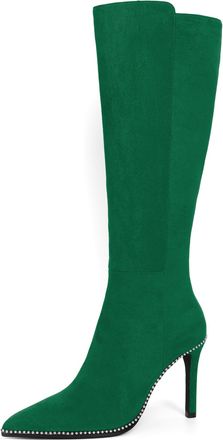 elashe Womens Suede Knee High Boots Green Ladies Knee length Long Heeled Boots for Women UK with Beads Stiletto 9.5 CM(3.75 inches) High Heels Pointed Toe Si