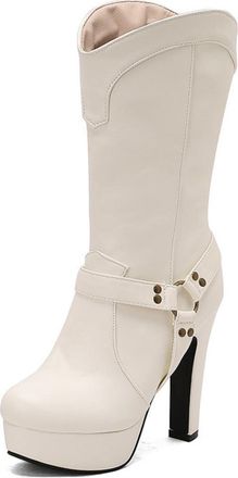 Generic Womens Pull on Mid-Calf Boots Round Toe PU Leather Short Boots Chunky High Heel Platform Boot with Buckle,White,10.5 UK