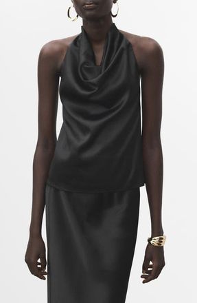 Mango Drape Halter Neck Satin Top in Black at Nordstrom, Size Medium