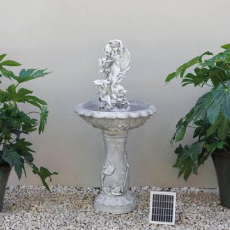 PRIMROSE Solar Power Water Nymph Floral Pedestal Water Feature LEDs Grey 108cm