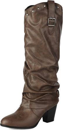 Generic Womens Knight Boots, Elegant PU Knee-High Boots with Pleated Look And Studded Details Comfortable Round Toe Slip-On Shoes for Autumn Winter Outdoor Pa