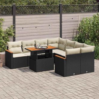 vidaXL Set Sof&aacute;s Jard&iacute;n Y Cojines 9 Pzas Rat&aacute;n Sint&eacute;tico Acacia Negro Vidaxl