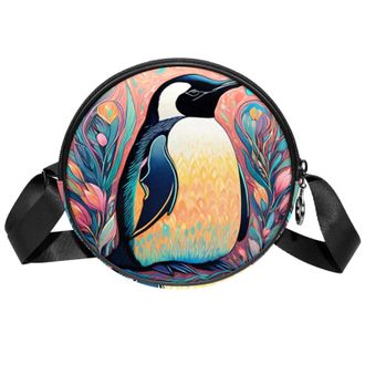 Generic Circle Crossbody Bag for Women, Color Drawing Penguin Small Sling Bag Daypack with Zipper Adjustable Shoulder Straps Casual Ladies Girls Round Purse