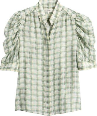 Frame Denim Gillian Check Print Silk Top in Jade Green Multi at Nordstrom, Size X-Large