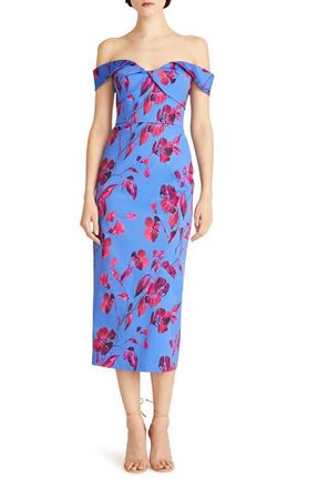 Monique Lhuillier Olivia Floral Off the Shoulder Faille Midi Dress in Crawling Rose at Nordstrom, Size 16