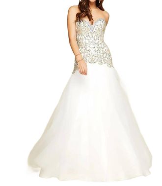 Mac Duggal Rhinestones Embellished Ball Gown In Ivory/gold