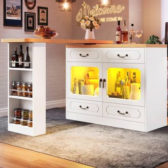 Merax Rotatable Breakfast Bar Table Buffet Sideboard with LED & GlassCabinet in White