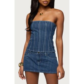 Edikted Camelia Strapless Denim Corset Top in Blue-And-White at Nordstrom, Size X-Small