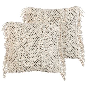 Beliani Conjunto De 2 Cojines De Algod&oacute;n Con Relleno Macram&eacute; Patr&oacute;n Boho Flecos 45 X 45 Cm Beige Pattan