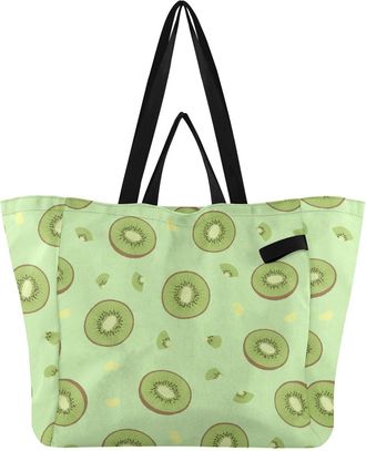 Generic Fruit Kiwi Light Green print Reusable Canvas Tote Bag, Heavy Duty Grocery Shopping Bag with Large Capacity Hard Bottom Double Handles Work Groceries T