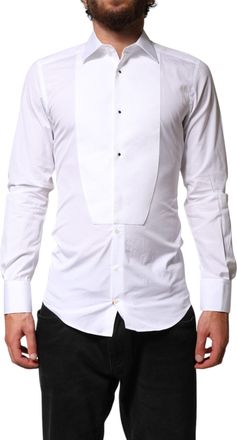 Dolce & Gabbana Mens White Cotton Gold Collared Dress Bib Formal Shirt